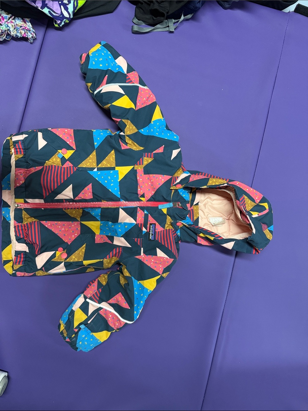 Patagonia Kids Geometric Pattern Hooded Puffer Jacket - Navy, Pink, Yellow, Blue